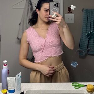 NWT ZARA Pink Tweed Cropped Wrap Top V Neck Frayed Edge Sleeveless Size S